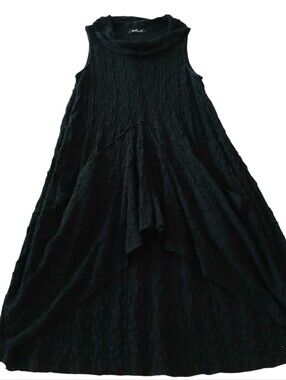 Yushi Lagenlook Textured Tunic L Funnel Neck Pockets Asymmetrical Black Art